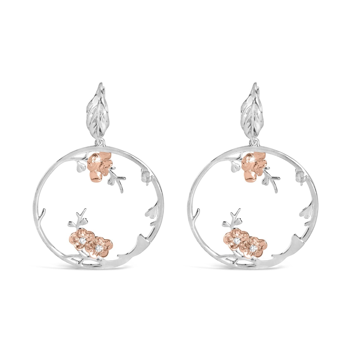 Rose Gold Plated.925 Sterling Silver 1/10 Cttw Diamond Floral Hoop Earrings