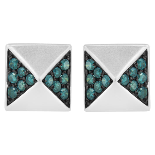 14K White Gold 1/4 Cttw Treated Blue Diamond Pyramid Stud Earring (Blue Color