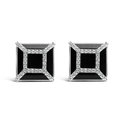 14K White Gold 3/8ct Diamond with 11x11MM Black Onyx Stud Earrings (G-H Color