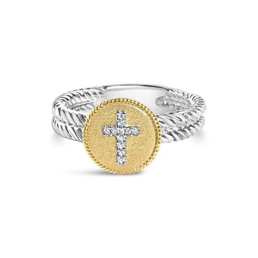 18K Yellow Gold Plated.925 Sterling Silver Diamond Cross Ring with Satin Finish