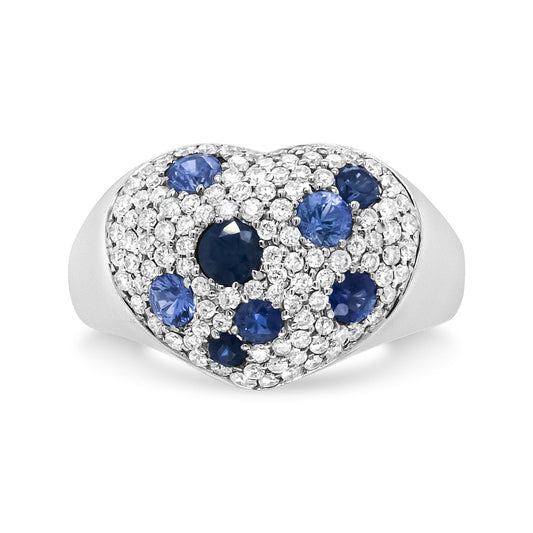 18K White Gold Blue Sapphire and 5/8 Cttw Diamond Cluster Heart Shaped Ring