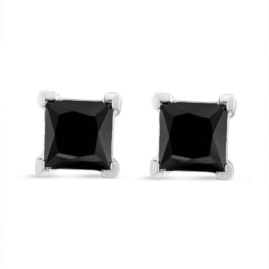 .925 Sterling Silver Princess-Cut Square Black Diamond Classic 4-Prong Stud