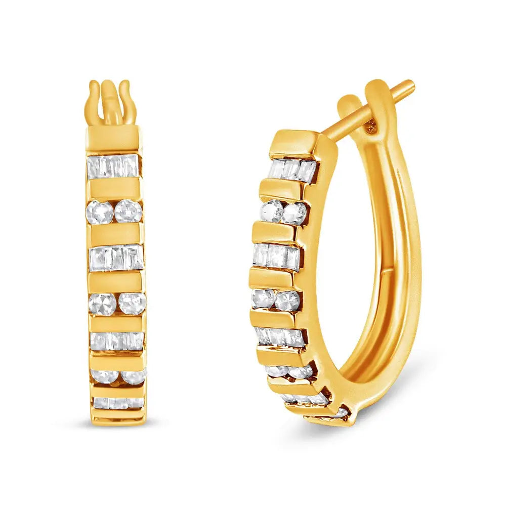 10k Gold Round and Baguette-cut Diamond Hoop Earrings (i-j Color I2-i3 Clarity) - Fine Jewelry us Direct