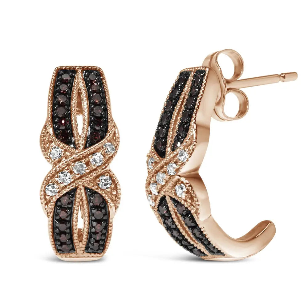 10k Rose Gold 1/3 Cttw White and Brown Diamond Milgrain Criss Cross J-hoop Earrings (i-j Color I1-i2 Clarity) - Fine