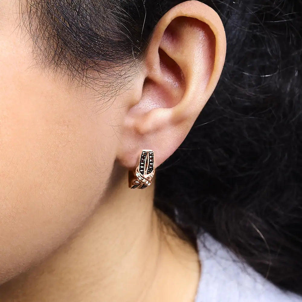 10k Rose Gold 1/3 Cttw White and Brown Diamond Milgrain Criss Cross J-hoop Earrings (i-j Color I1-i2 Clarity) - Fine