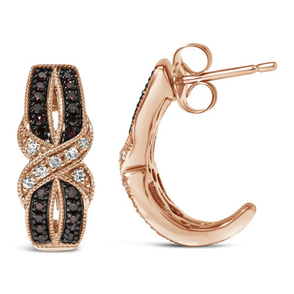 10k Rose Gold 1/3 Cttw White and Brown Diamond Milgrain Criss Cross J-hoop Earrings (i-j Color I1-i2 Clarity) - Fine