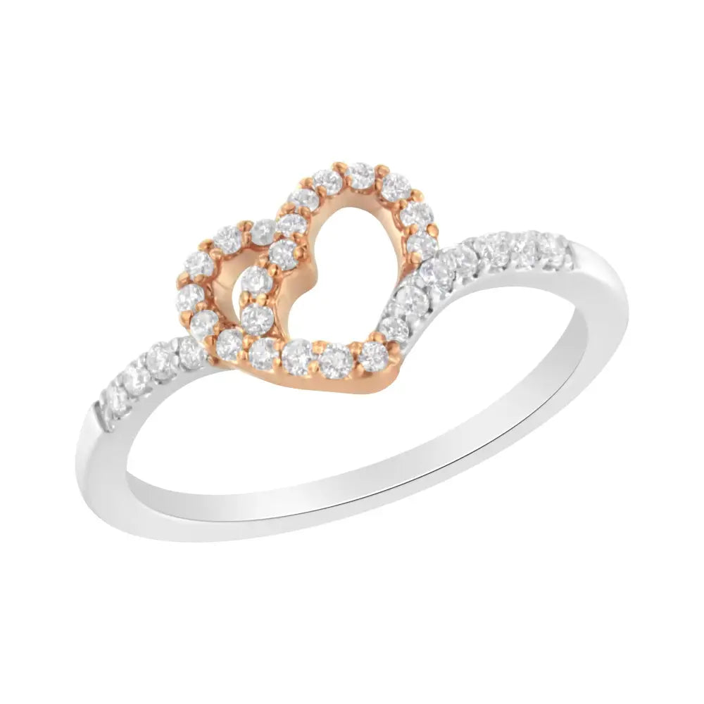 10k Rose Gold Over.925 Sterling Silver 1/5 Cttw Diamond Two Tone Open Heart Promise or Fashion Ring (i-j Color I2-i3