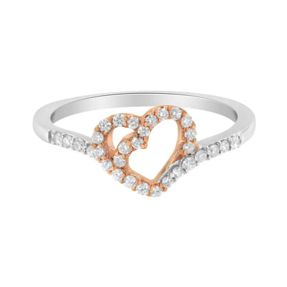 10k Rose Gold Over.925 Sterling Silver 1/5 Cttw Diamond Two Tone Open Heart Promise or Fashion Ring (i-j Color I2-i3