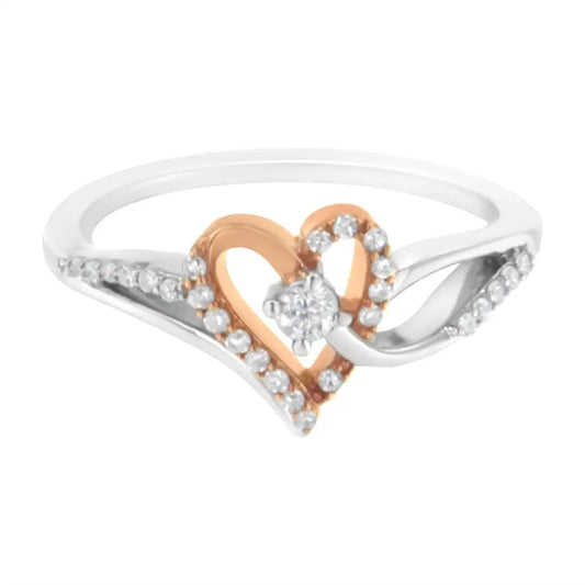 10k Rose Gold Plated.925 Sterling Silver 1/5 Cttw Diamond Two Tone Open Heart Promise or Fashion Ring (i-j Color I2-i3