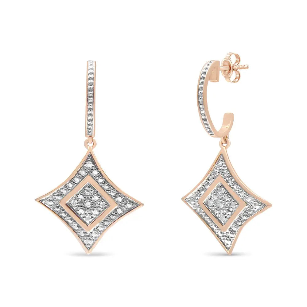 10k Rose Gold Plated Sterling Silver Round Cut Diamond Cushion Dangle Earrings (0.04 Cttw H-i Color I2-i3 Clarity)