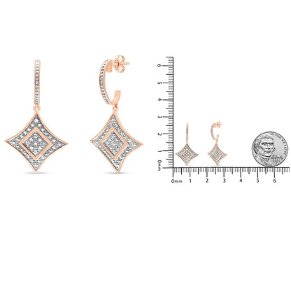 10k Rose Gold Plated Sterling Silver Round Cut Diamond Cushion Dangle Earrings (0.04 Cttw H-i Color I2-i3 Clarity)