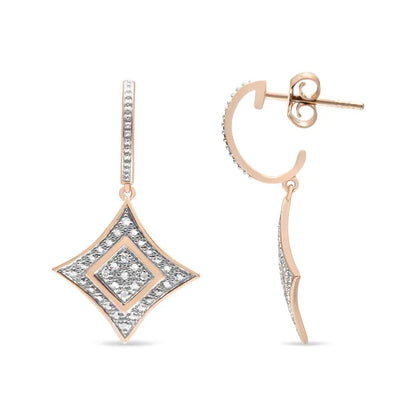 10k Rose Gold Plated Sterling Silver Round Cut Diamond Cushion Dangle Earrings (0.04 Cttw H-i Color I2-i3 Clarity)