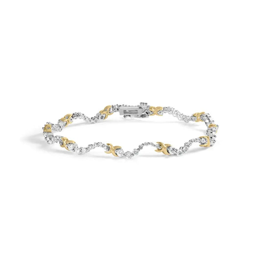 10k Two-tone 2.00 Cttw Diamond ?X’ and Wave Link Bracelet (h-i Color I1-i2 Clarity) - 7’’ Inches - Fine Jewelry