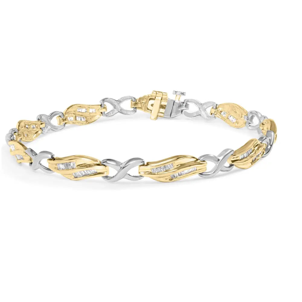 10k Two Tone Gold 1.00 Cttw Channel Set Baguette Diamond Chevron Wave Link 7’’ Bracelet (i-j Color I2-i3 Clarity)