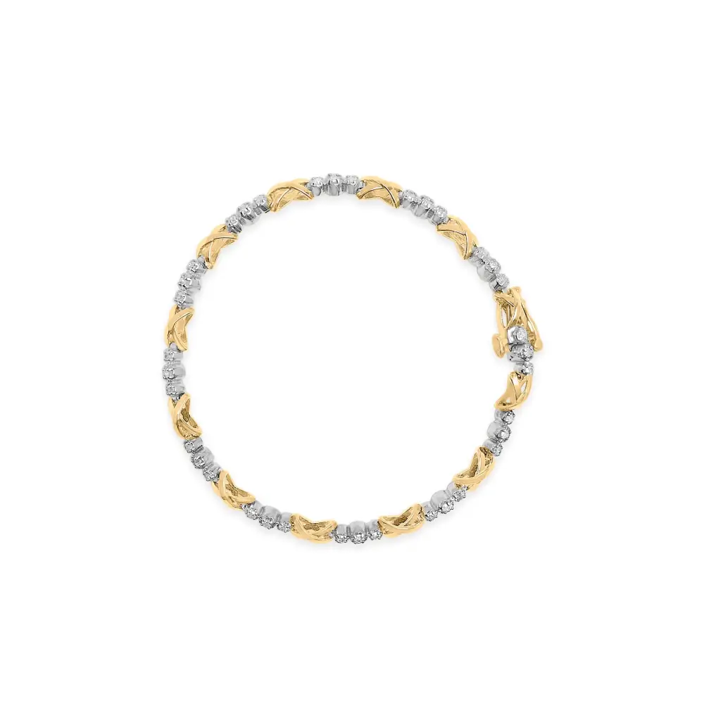 10k Two-tone Gold 1/2 Cttw Diamond Alternating 3 Stone and X-link 7’’ Bracelet (i-j Color I2-i3 Clarity) - Fine