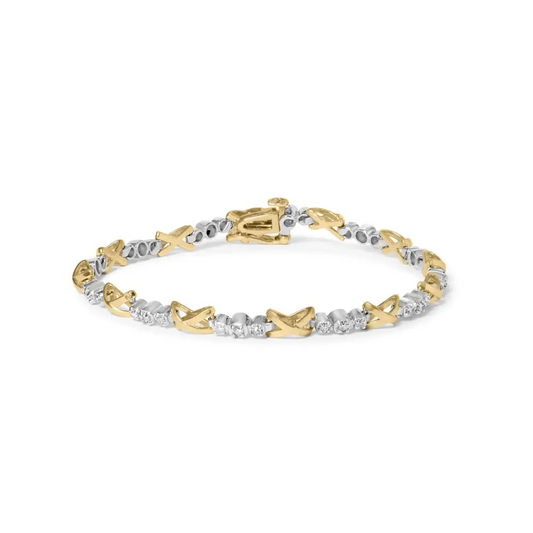 10k Two-tone Gold 1/2 Cttw Diamond Alternating 3 Stone and X-link 7’’ Bracelet (i-j Color I2-i3 Clarity) - Fine