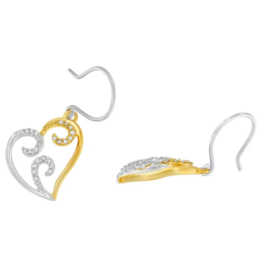 10k Two-tone Gold Round Diamond Heart Dangle Earrings (1/4 Cttw I-j Color I2-i3 Clarity) - Fine Jewelry us Direct