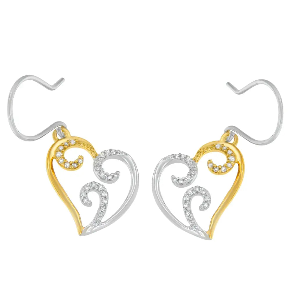 10k Two-tone Gold Round Diamond Heart Dangle Earrings (1/4 Cttw I-j Color I2-i3 Clarity) - Fine Jewelry us Direct