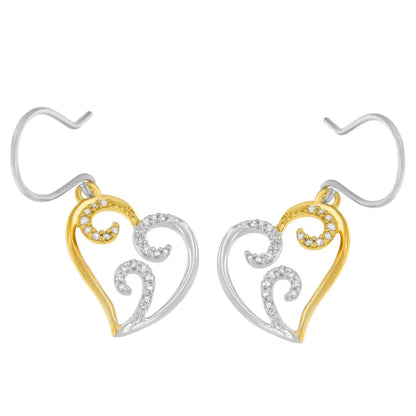 10k Two-tone Gold Round Diamond Heart Dangle Earrings (1/4 Cttw I-j Color I2-i3 Clarity) - Fine Jewelry us Direct