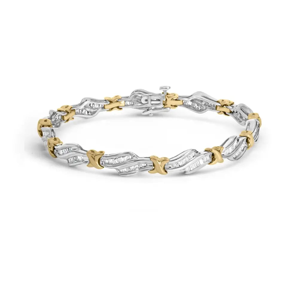 10k Two-toned Gold 2.00 Cttw Channel Set Baguette-diamond Weave and ?X’ Spiral Link Bracelet (h-i Color I1-i2