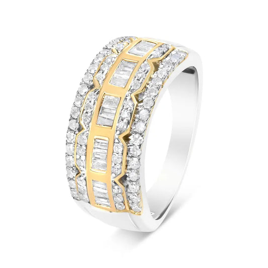 10k White and Yellow Gold 1.00 Cttw Baguette Round Cut Diamond Art Deco Multi-row Ring Band (i-j Color I1-i2 Clarity)