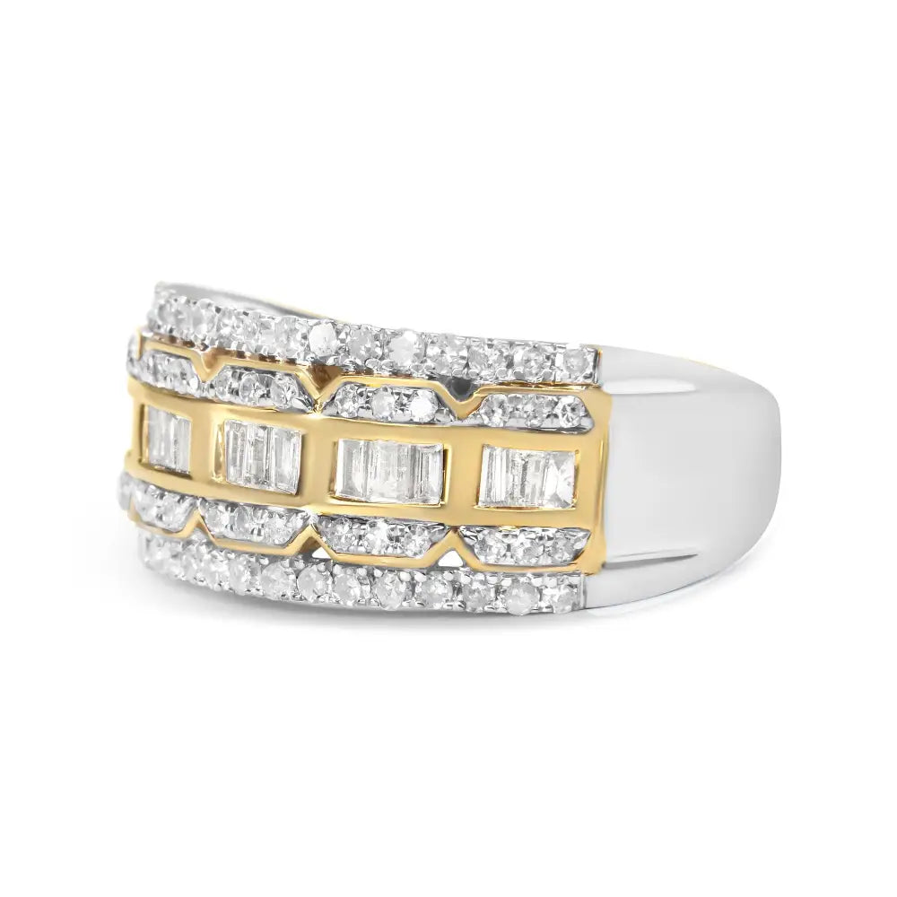 10k White and Yellow Gold 1.00 Cttw Baguette Round Cut Diamond Art Deco Multi-row Ring Band (i-j Color I1-i2 Clarity)