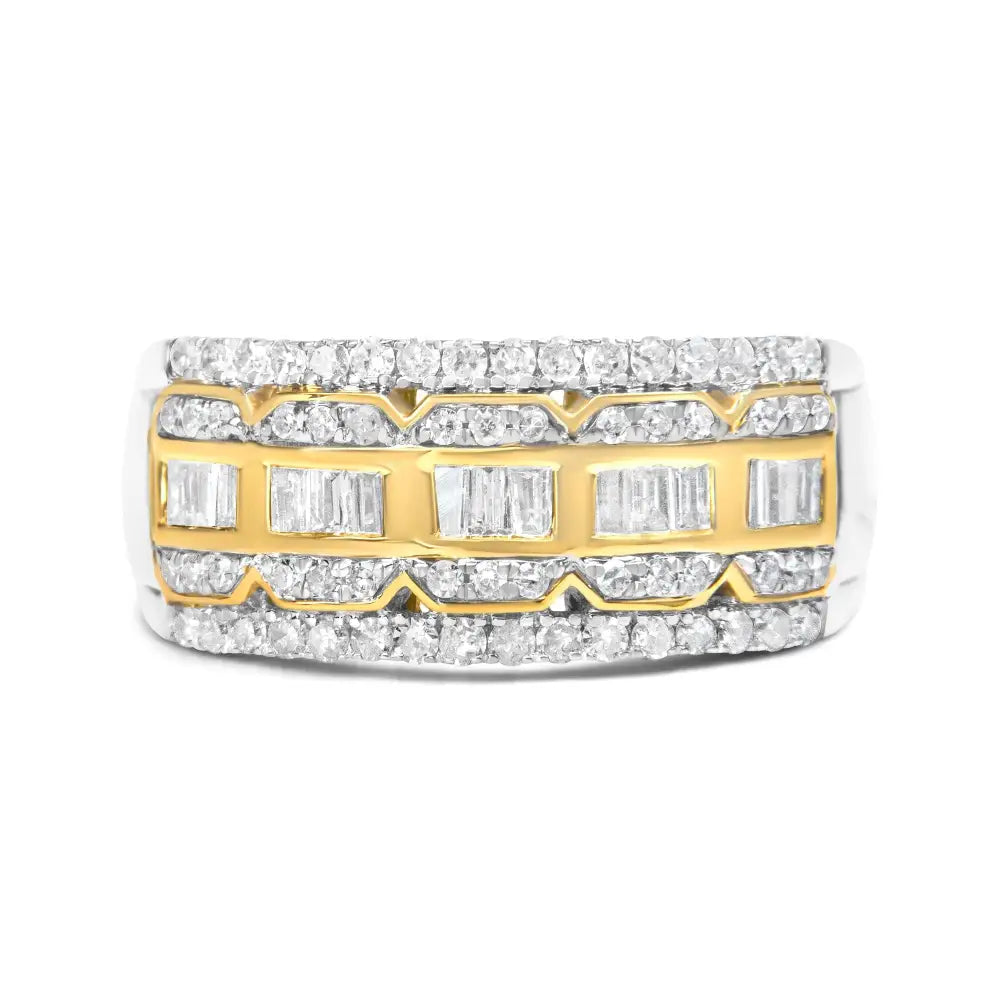 10k White and Yellow Gold 1.00 Cttw Baguette Round Cut Diamond Art Deco Multi-row Ring Band (i-j Color I1-i2 Clarity)