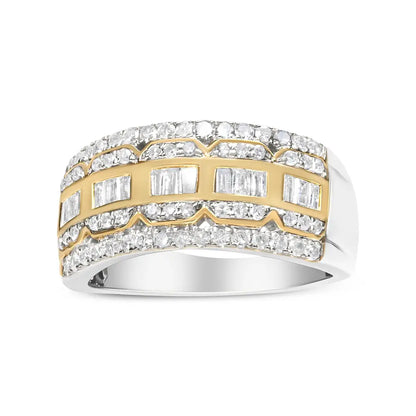 10k White and Yellow Gold 1.00 Cttw Baguette Round Cut Diamond Art Deco Multi-row Ring Band (i-j Color I1-i2 Clarity)