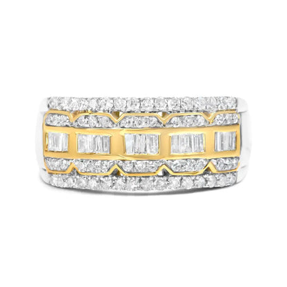 10k White and Yellow Gold 1.00 Cttw Baguette Round Cut Diamond Art Deco Multi-row Ring Band (i-j Color I1-i2 Clarity)