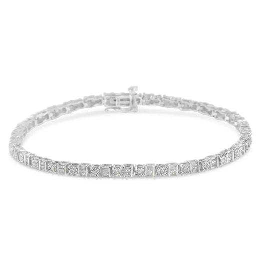 10k White Gold 1.0 Cttw Baguette & Round Diamond Alternating Link Tennis Bracelet (i-j Color I2-i3 Clarity) - 7”