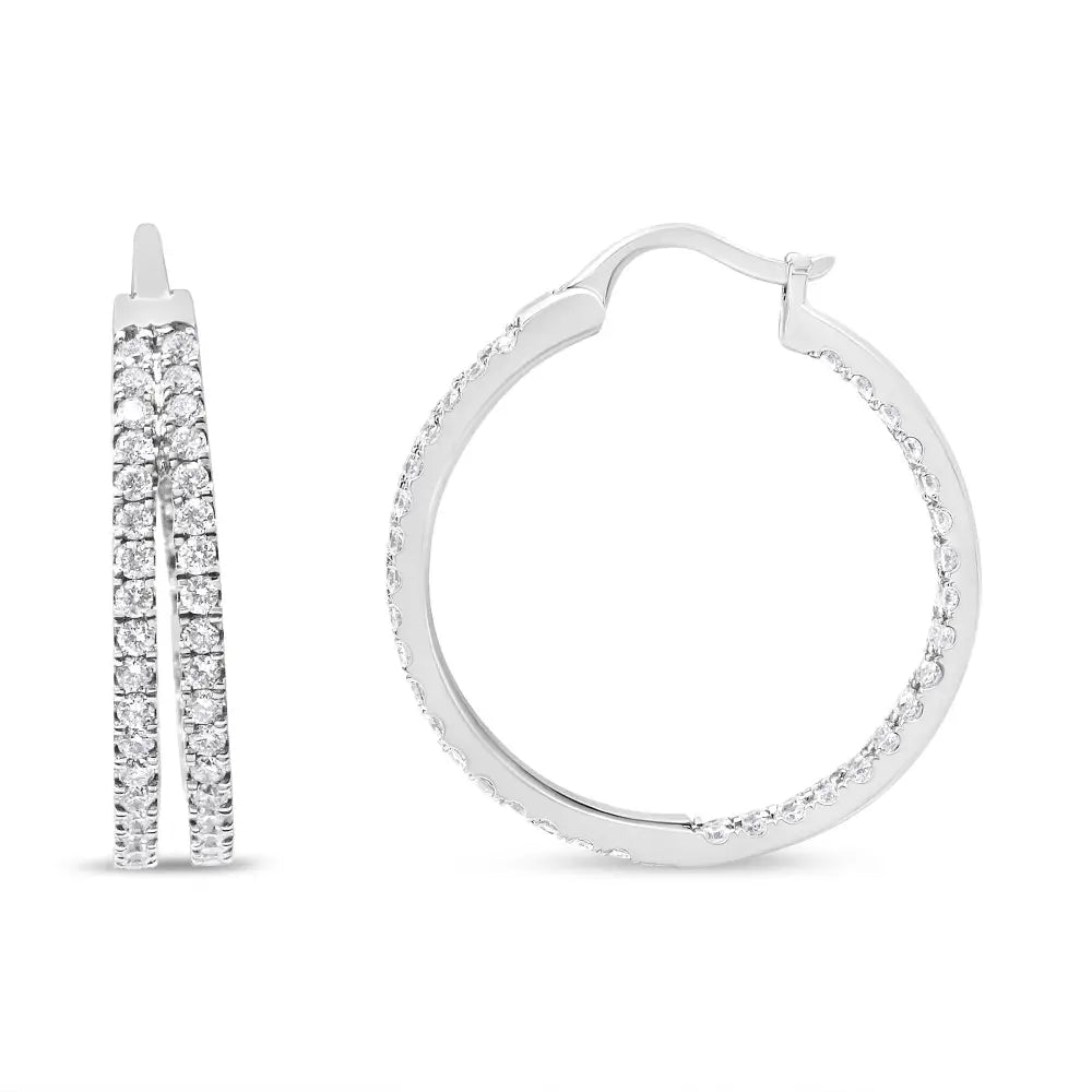 10k White Gold 1 1/2 Cttw Lab Grown Diamond Inside out Double Row Split Criss Cross 3/4’’ Inch Hoop Earrings (g-h