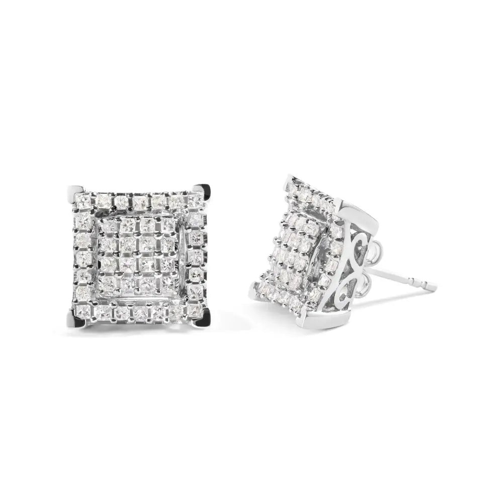 10k White Gold 1 1/4 Cttw Princess Diamond Composite Double Square and Halo Stud Earrings (i-j Color I1-i2 Clarity)