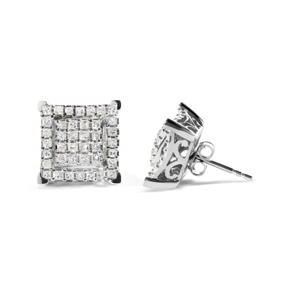 10k White Gold 1 1/4 Cttw Princess Diamond Composite Double Square and Halo Stud Earrings (i-j Color I1-i2 Clarity)