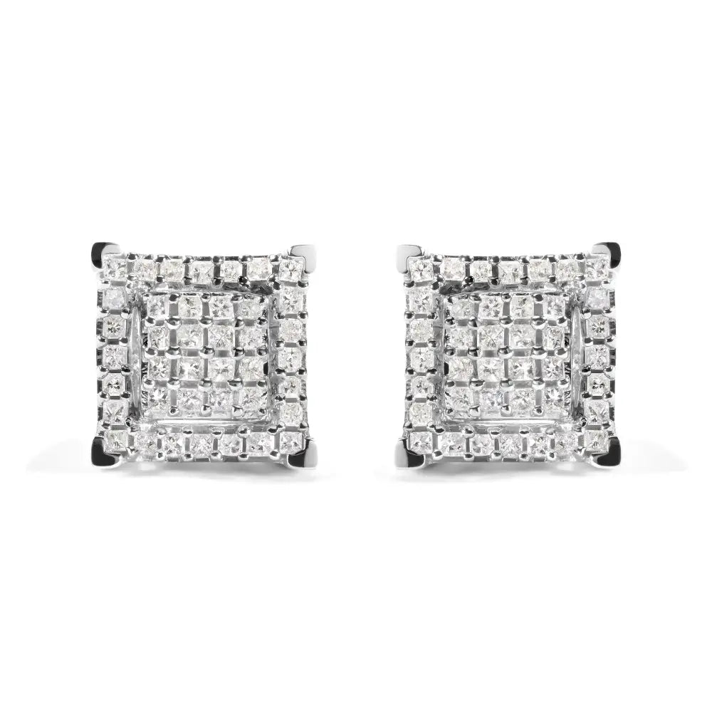 10k White Gold 1 1/4 Cttw Princess Diamond Composite Double Square and Halo Stud Earrings (i-j Color I1-i2 Clarity)