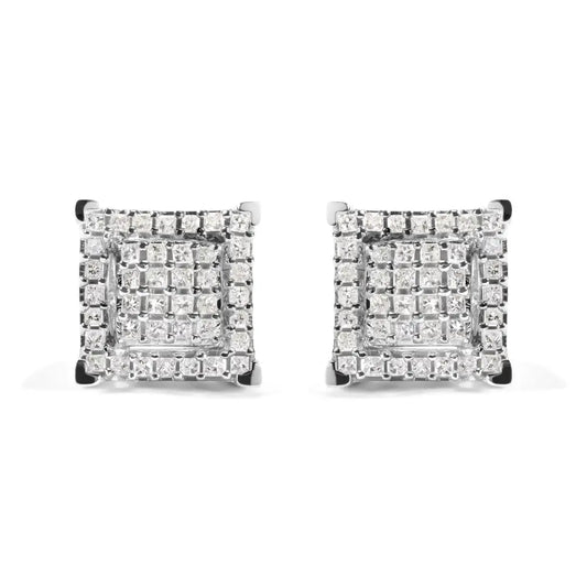 10k White Gold 1 1/4 Cttw Princess Diamond Composite Double Square and Halo Stud Earrings (i-j Color I1-i2 Clarity)