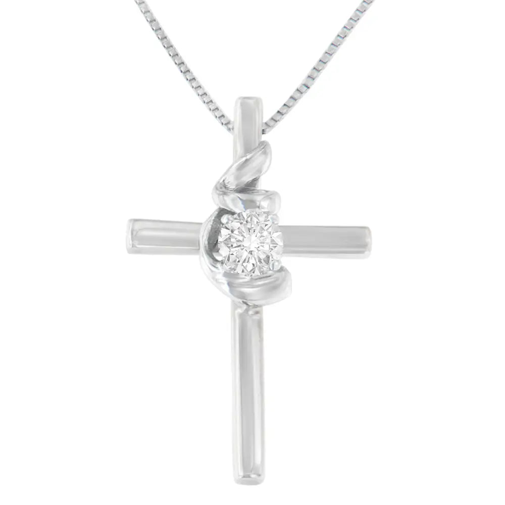 10k White Gold 1/10 Carat Diamond Espira Spiral & Cross 18” Pendant Necklace (i-j Color I2-i3 Clarity) - Fine Jewelry