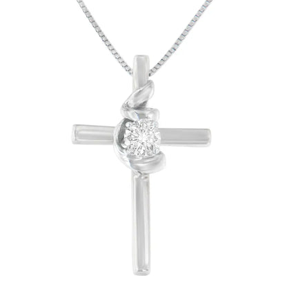 10k White Gold 1/10 Carat Diamond Espira Spiral & Cross 18” Pendant Necklace (i-j Color I2-i3 Clarity) - Fine Jewelry