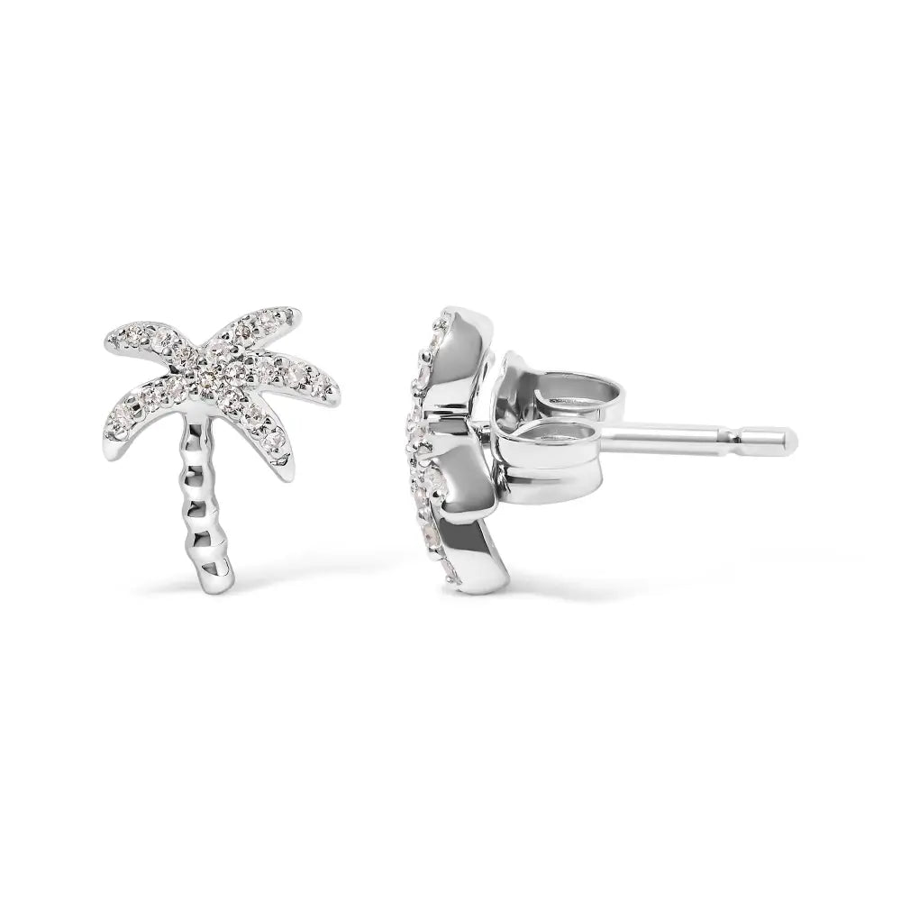 10k White Gold 1/10 Cttw Diamond Encrusted Palm Tree Stud Earrings (h-i Color I1-i2 Clarity) - Fine Jewelry us Direct