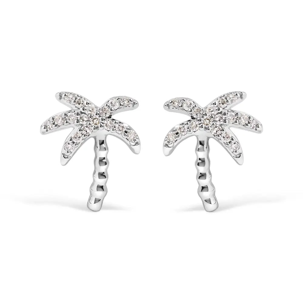 10k White Gold 1/10 Cttw Diamond Encrusted Palm Tree Stud Earrings (h-i Color I1-i2 Clarity) - Fine Jewelry us Direct