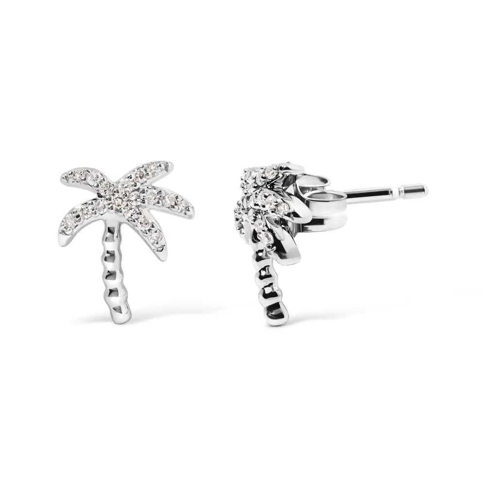 10k White Gold 1/10 Cttw Diamond Encrusted Palm Tree Stud Earrings (h-i Color I1-i2 Clarity) - Fine Jewelry us Direct