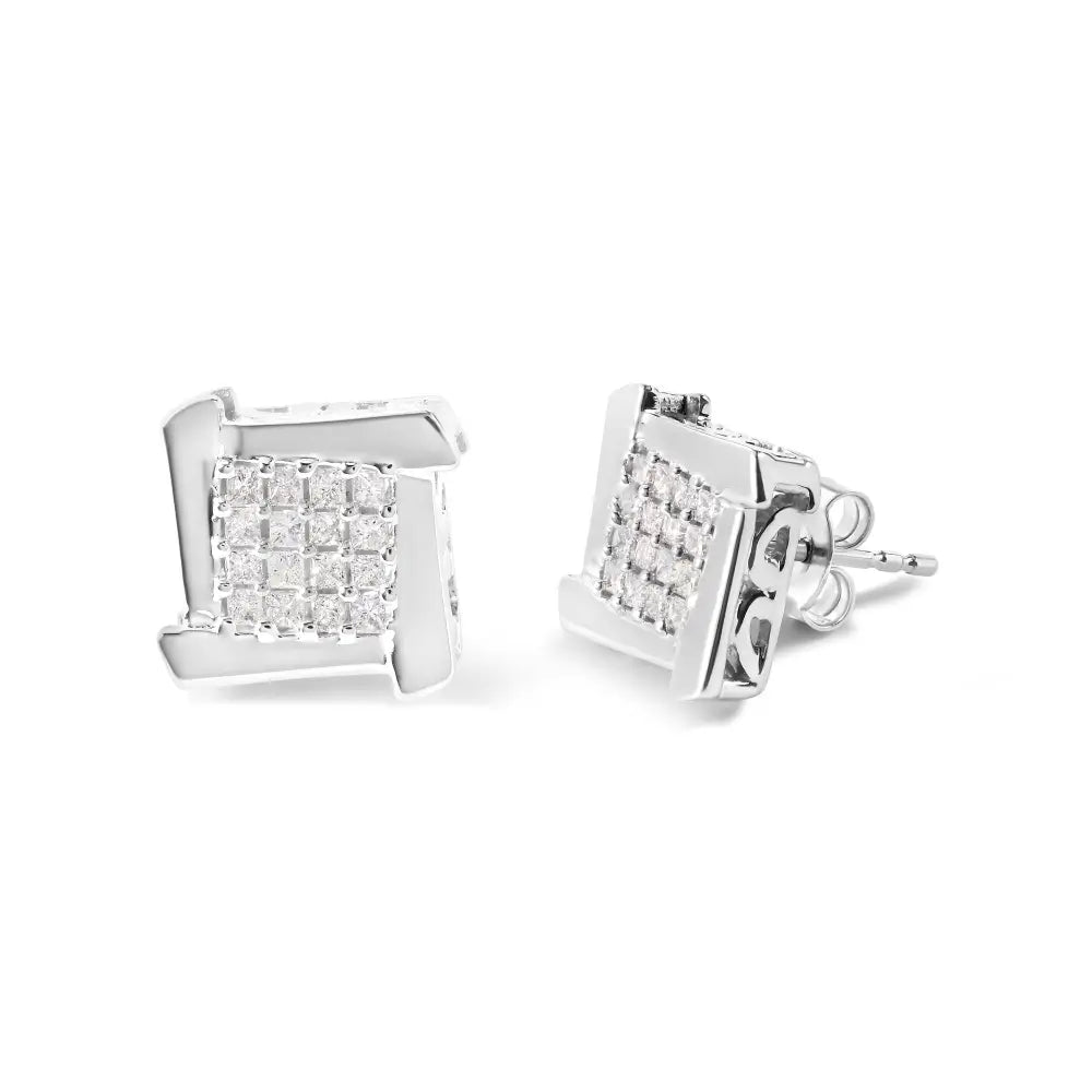 10k White Gold 1/2 Cttw Composite Princess Diamond Square and Swirl Stud Earrings (i-j Color I1-i2 Clarity) - Fine