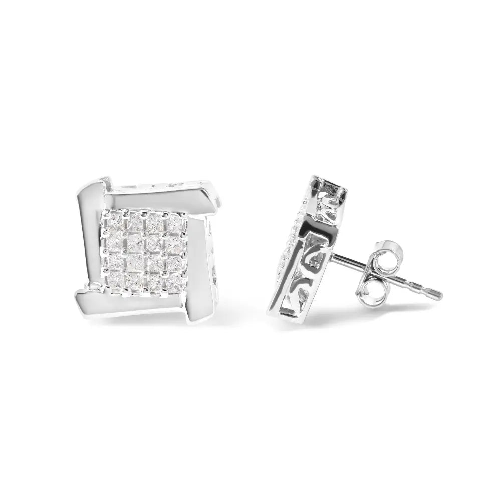 10k White Gold 1/2 Cttw Composite Princess Diamond Square and Swirl Stud Earrings (i-j Color I1-i2 Clarity) - Fine