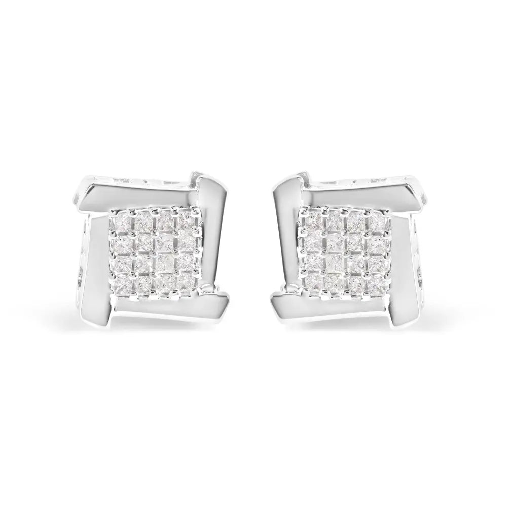 10k White Gold 1/2 Cttw Composite Princess Diamond Square and Swirl Stud Earrings (i-j Color I1-i2 Clarity) - Fine