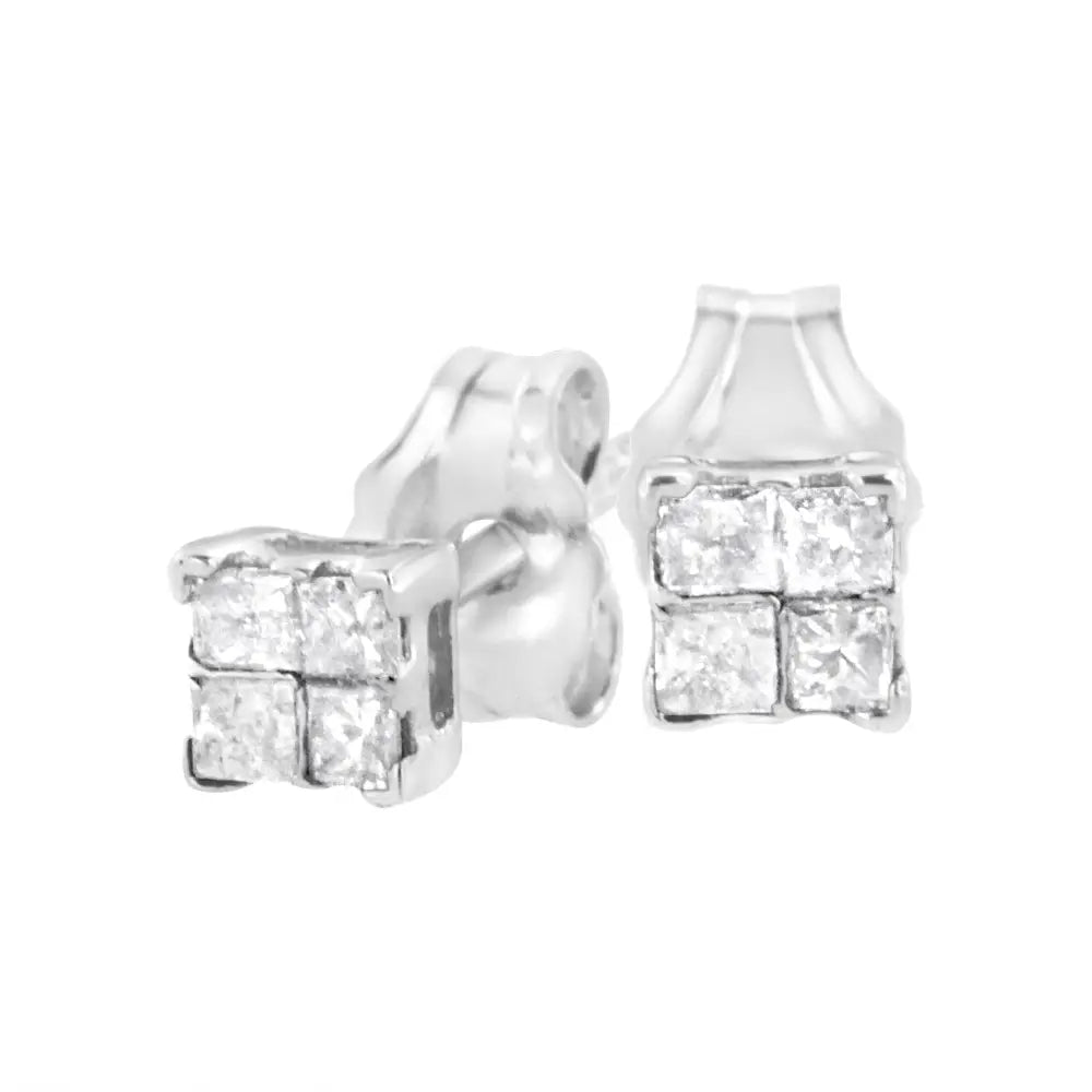 10k White Gold 1/2 Cttw Invisible Princess-cut Diamond 9 Stone Composite Stud Earrings (i-j Color I3 Clarity) - Fine