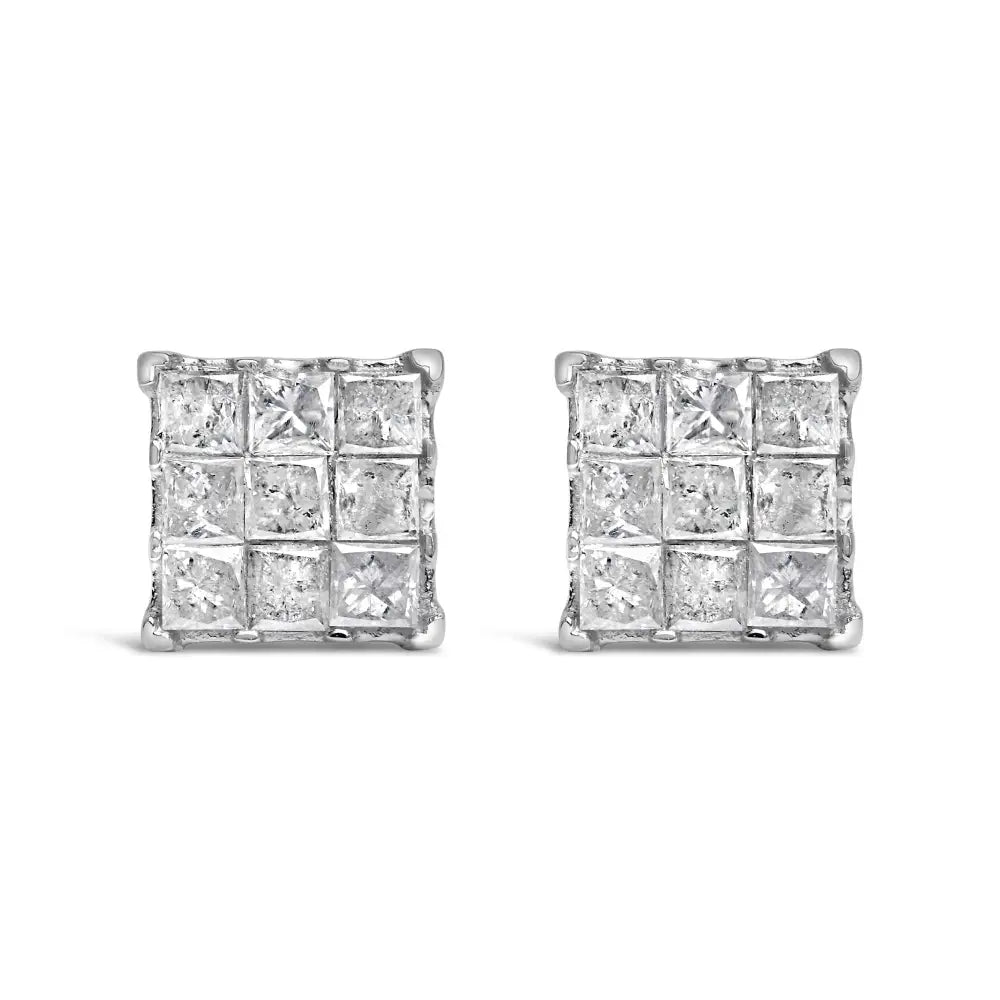 10k White Gold 1/2 Cttw Invisible Princess-cut Diamond 9 Stone Composite Stud Earrings (i-j Color I3 Clarity) - Fine