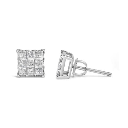 10k White Gold 1/2 Cttw Invisible Princess-cut Diamond 9 Stone Composite Stud Earrings (i-j Color I3 Clarity) - Fine