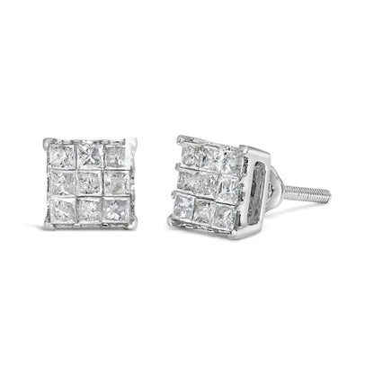 10k White Gold 1/2 Cttw Invisible Princess-cut Diamond 9 Stone Composite Stud Earrings (i-j Color I3 Clarity) - Fine