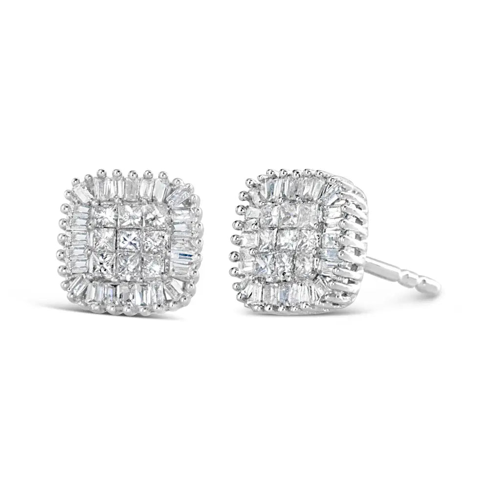 10k White Gold 1/2 Cttw Invisible-set Princess Cut & Prong-set Baguette Diamond Composite Stud Earrings (h-i Color