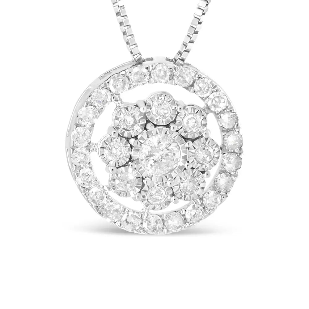 10k White Gold 1/2 Cttw Miracle Set Diamond Cluster Flower Halo 18’’ Pendant Necklace (i-j Color I1-i2 Clarity)