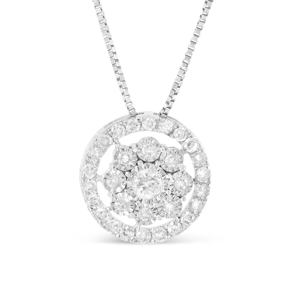 10k White Gold 1/2 Cttw Miracle Set Diamond Cluster Flower Halo 18’’ Pendant Necklace (i-j Color I1-i2 Clarity)